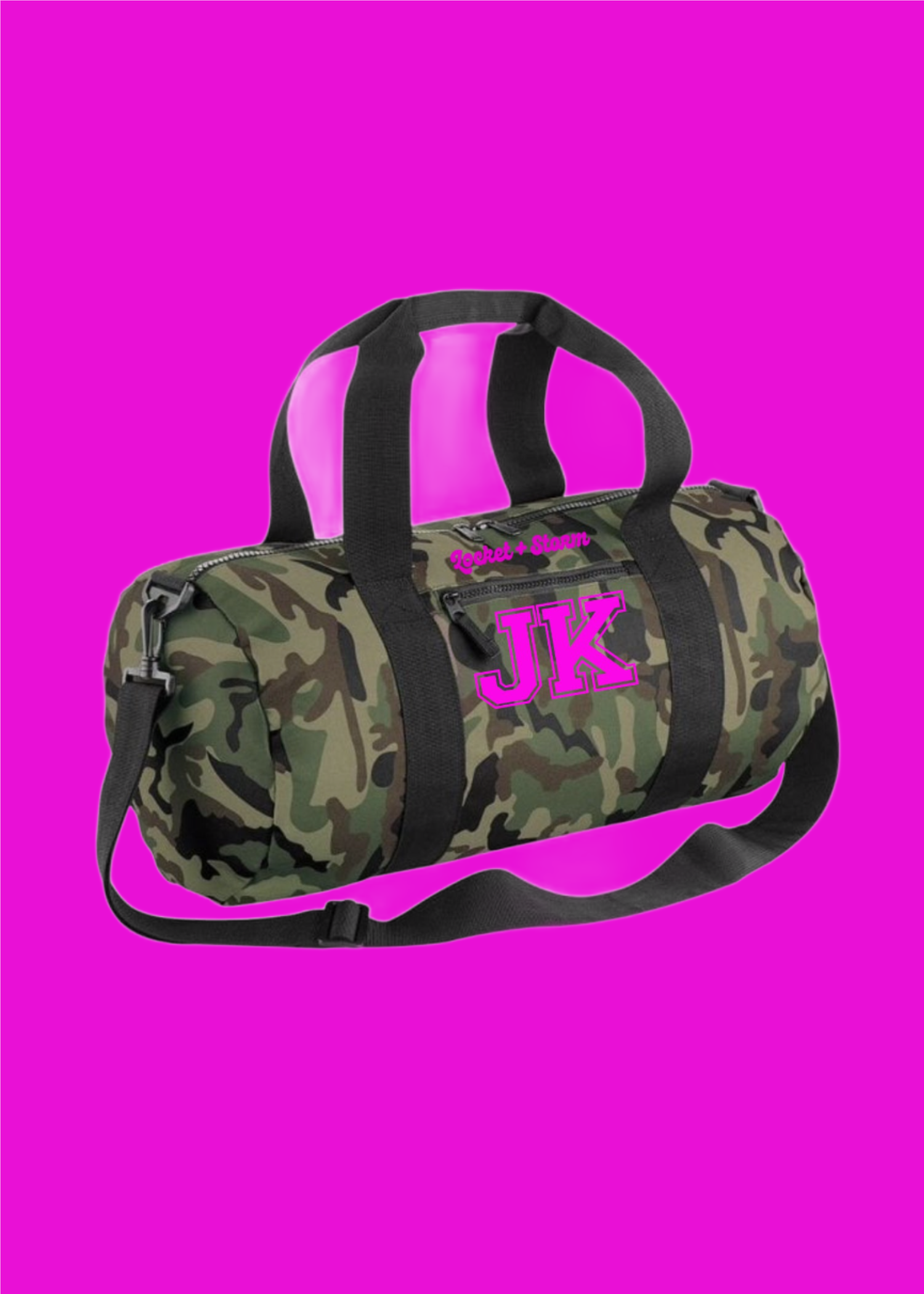 Personalised Initial Camo Barrel Bag Locket Storm