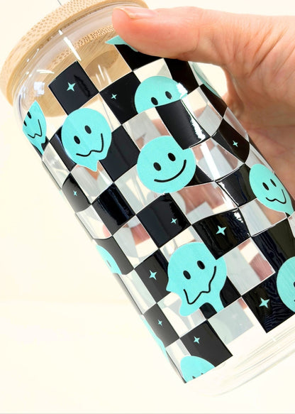 Retro Smiley Checkerboard Iced Coffee Cup