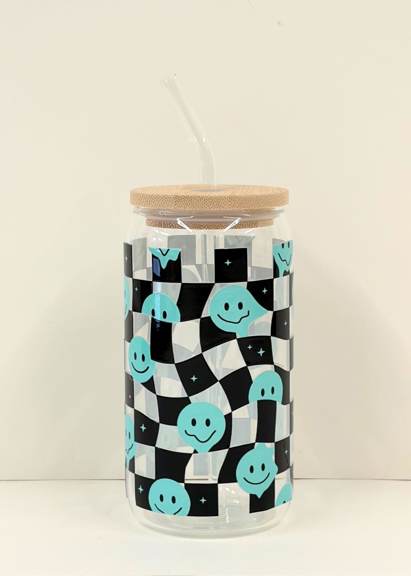Retro Smiley Checkerboard Iced Coffee Cup