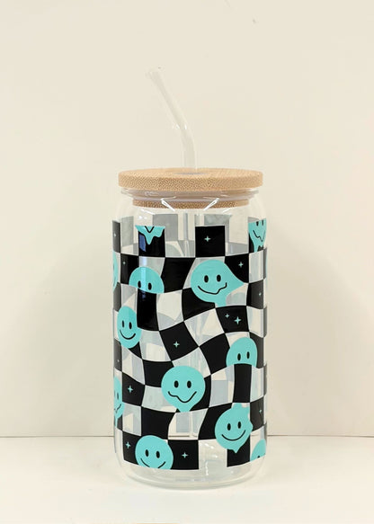 Retro Smiley Checkerboard Iced Coffee Cup