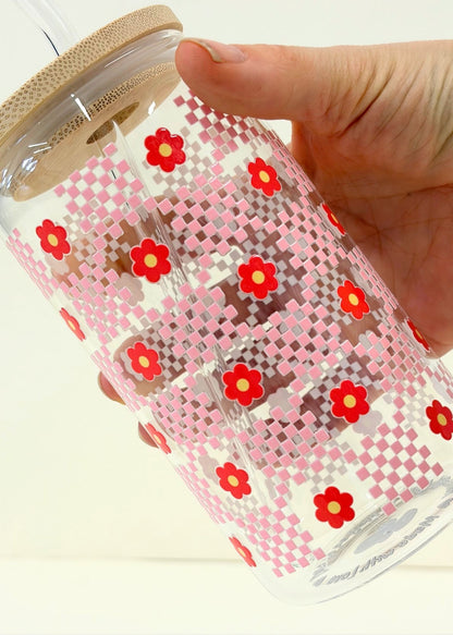 Retro Daisy Checkerboard Iced Coffee Cup