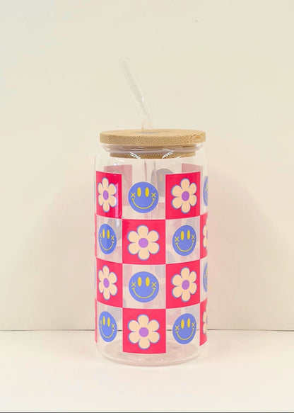 Smiley Checkerboard Iced Coffee Cup