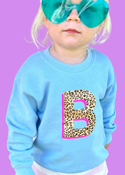 Kids Personalised Neon Leopard Print Initial Sweatshirt