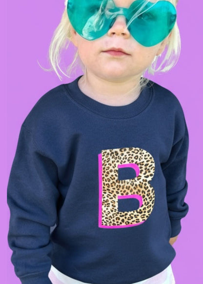 Kids Personalised Neon Leopard Print Initial Sweatshirt