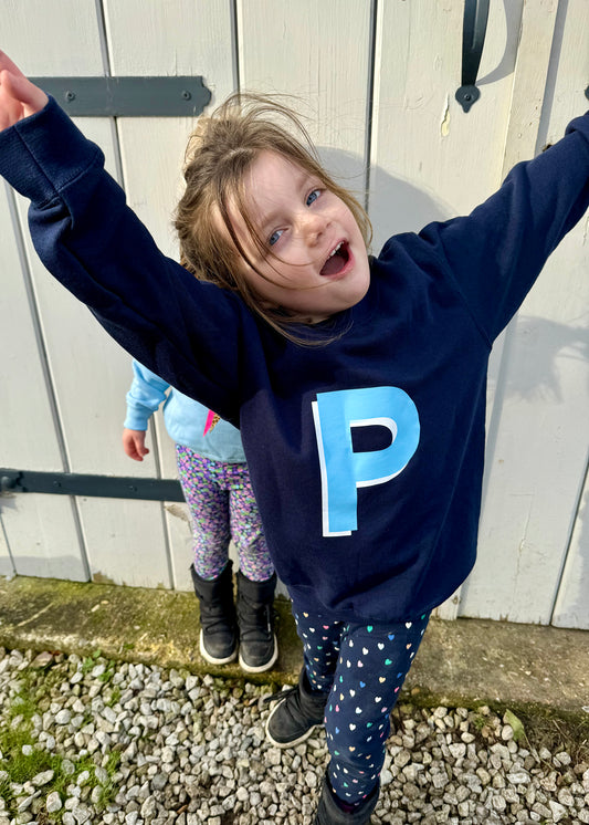 Kids Personalised Baby Blue Initial Sweatshirt