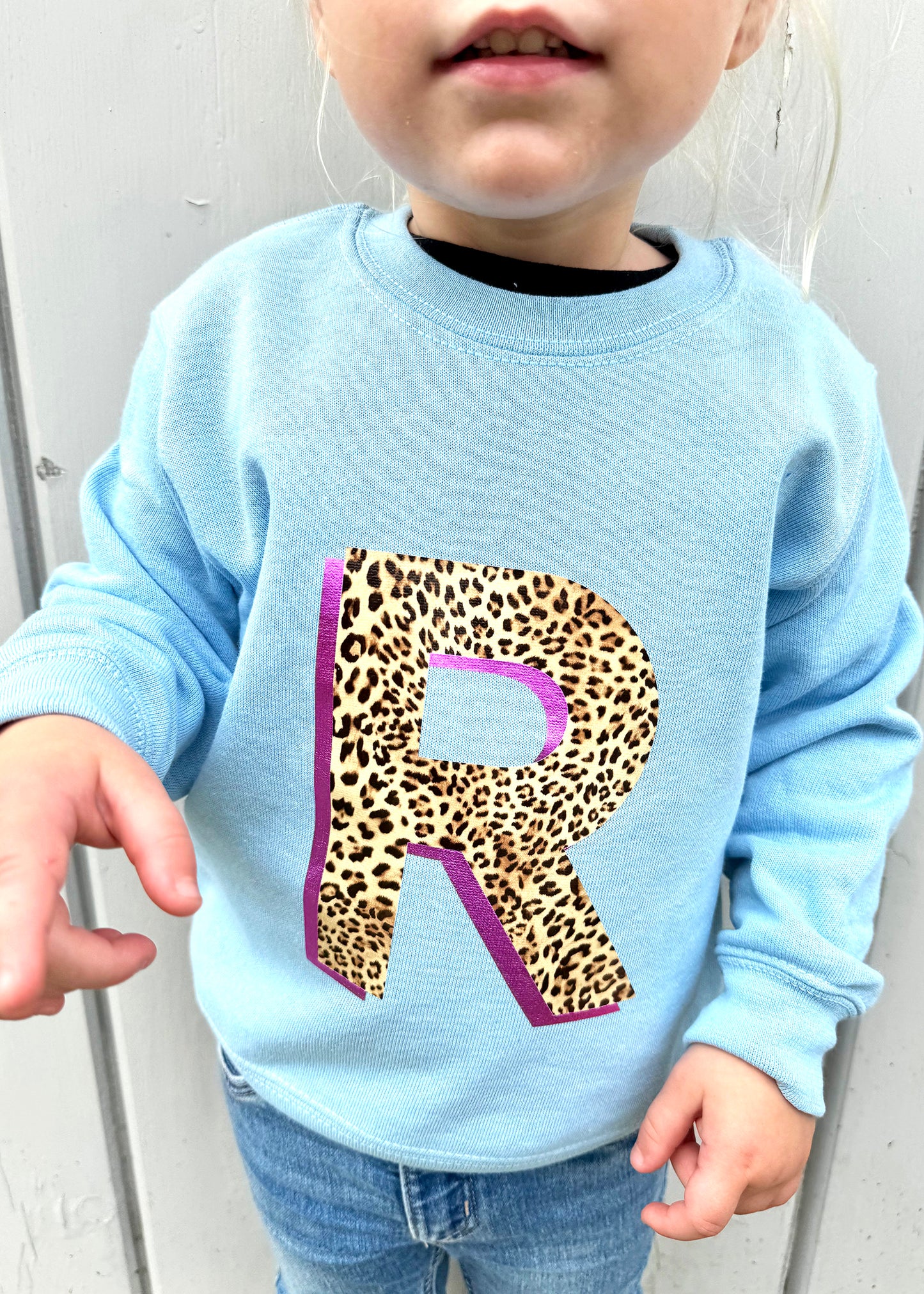 Kids Personalised Metallic Leopard Print Initial Sweatshirt