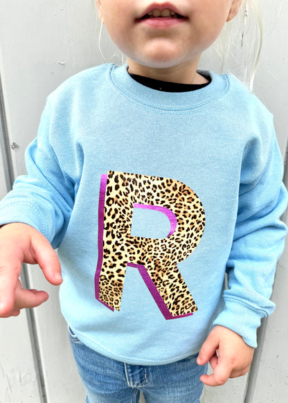 Kids Personalised Metallic Leopard Print Initial Sweatshirt