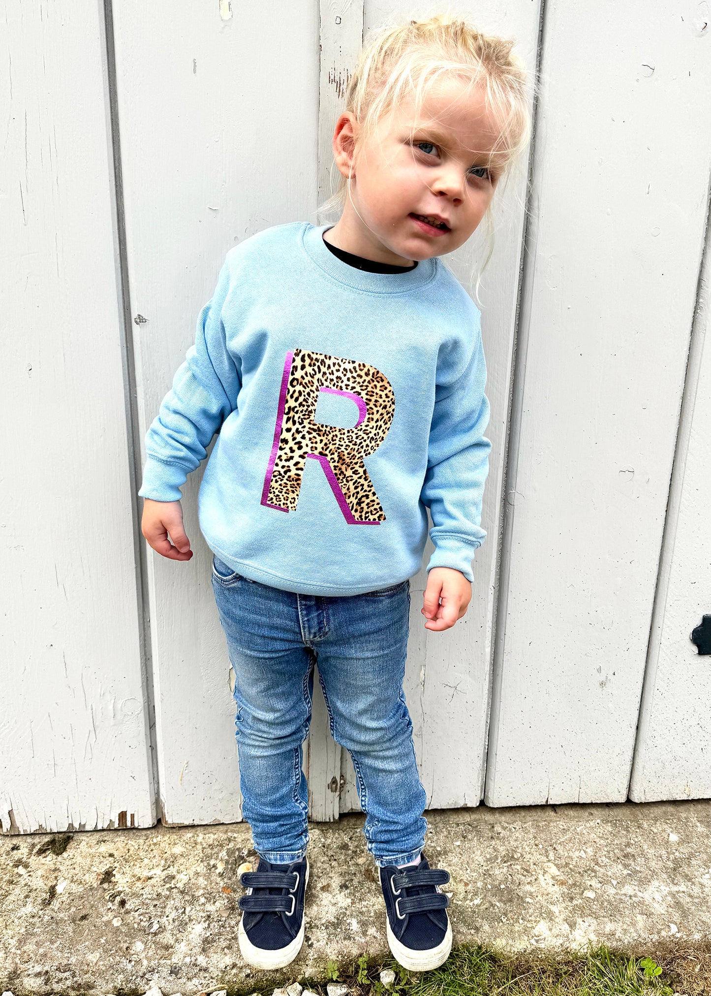 Kids Personalised Metallic Leopard Print Initial Sweatshirt