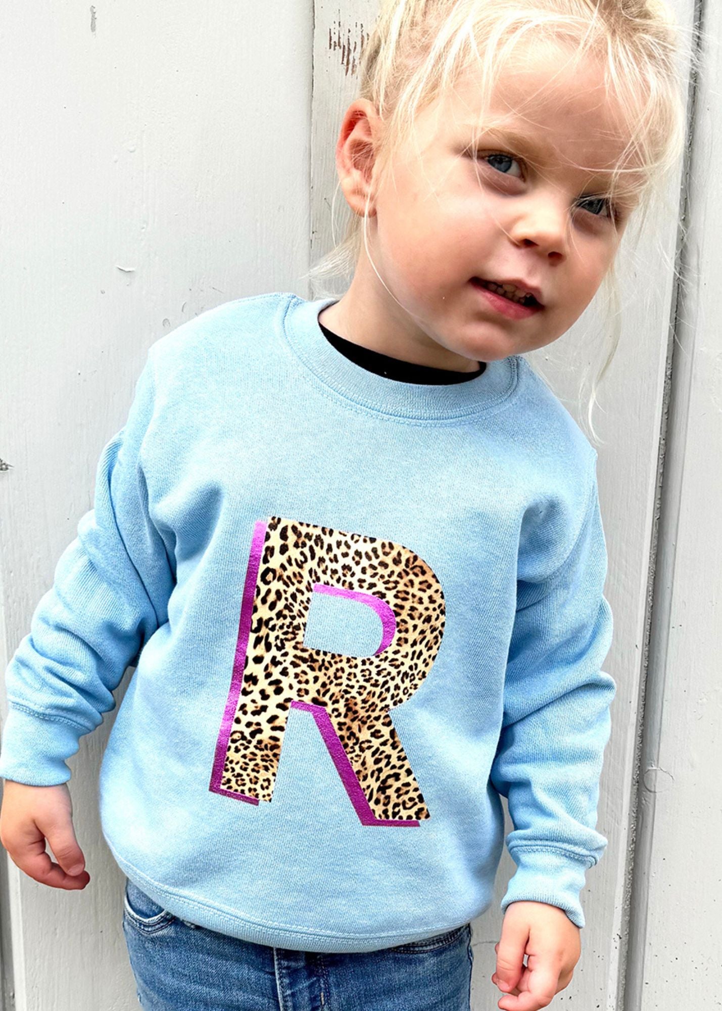 Kids Personalised Metallic Leopard Print Initial Sweatshirt