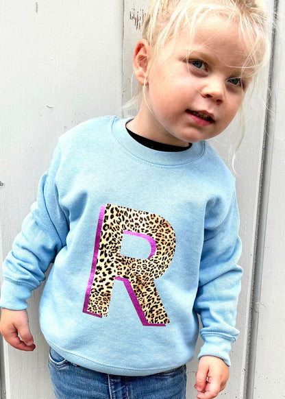 Kids Personalised Metallic Leopard Print Initial Sweatshirt