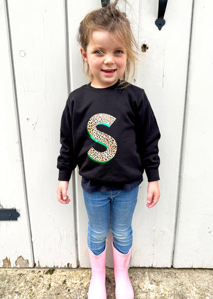 Kids Personalised Metallic Leopard Print Initial Sweatshirt