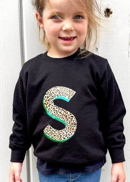 Kids Personalised Metallic Leopard Print Initial Sweatshirt