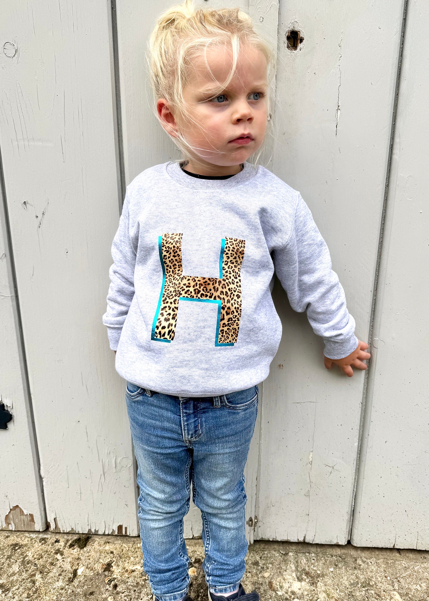 SALE Kids Personalised Metallic Turquoise Leopard Print Initial Sweatshirt - 3-4 years