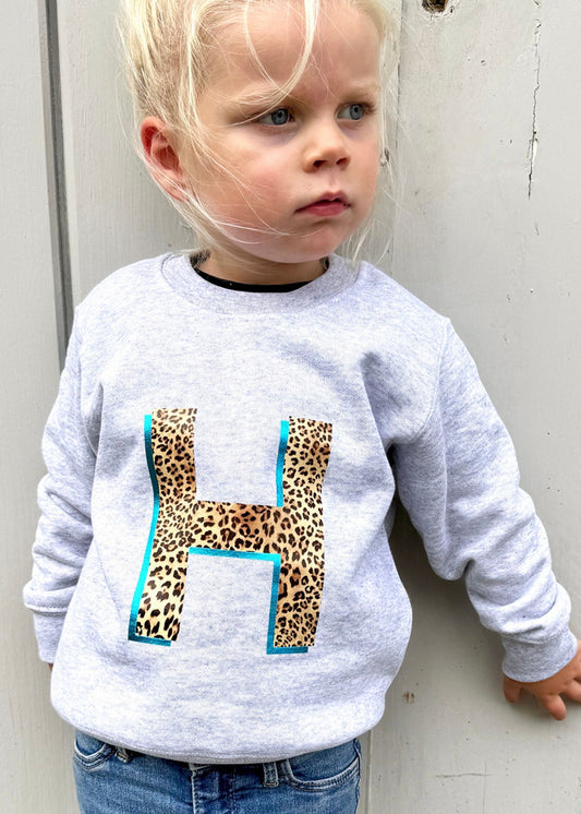 Kids Personalised Metallic Leopard Print Initial Sweatshirt