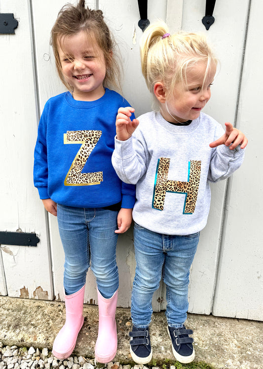 Kids Personalised Metallic Leopard Print Initial Sweatshirt