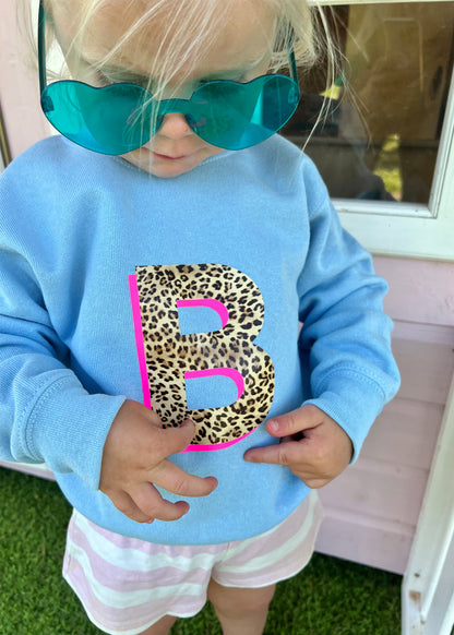 Kids Personalised Neon Leopard Print Initial Sweatshirt