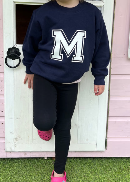 Kids Personalised White Varsity Initial Sweatshirt